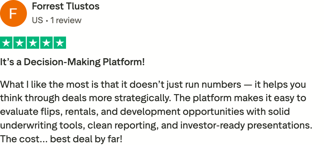 Rehab Valuator review on TrustPilot from Forrest Tlostos