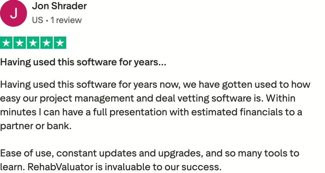 Rehab Valuator review on TrustPilot from Jon Shrader