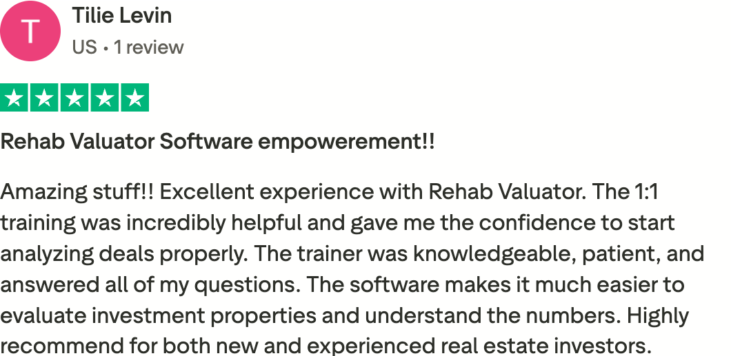 Rehab Valuator review on TrustPilot from Tilie Levin